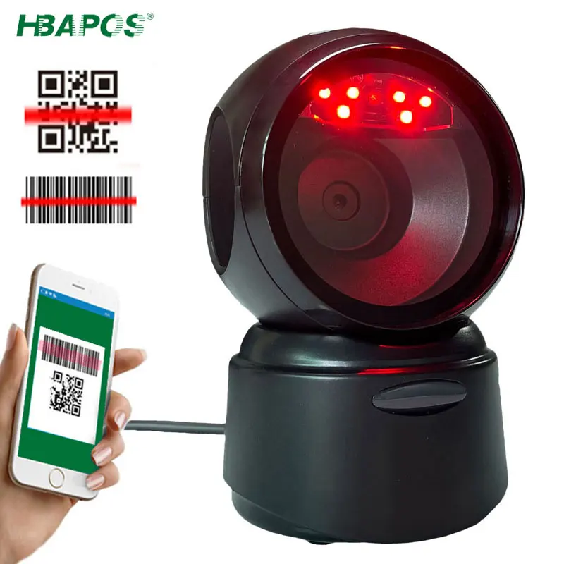 

HBAPOS Desktop Omnidirectional Barcode Scanner USB Wired Hands-Free 1D 2D QR Code Reader Automatic Sense Scanning Decoder