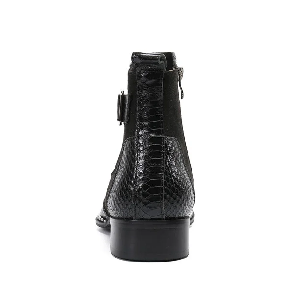 Black Round Toe With Metal Rhinestone Buckle Genuine Leather High Heels Boots Male British Style Wedding Party Men Dress Shoe