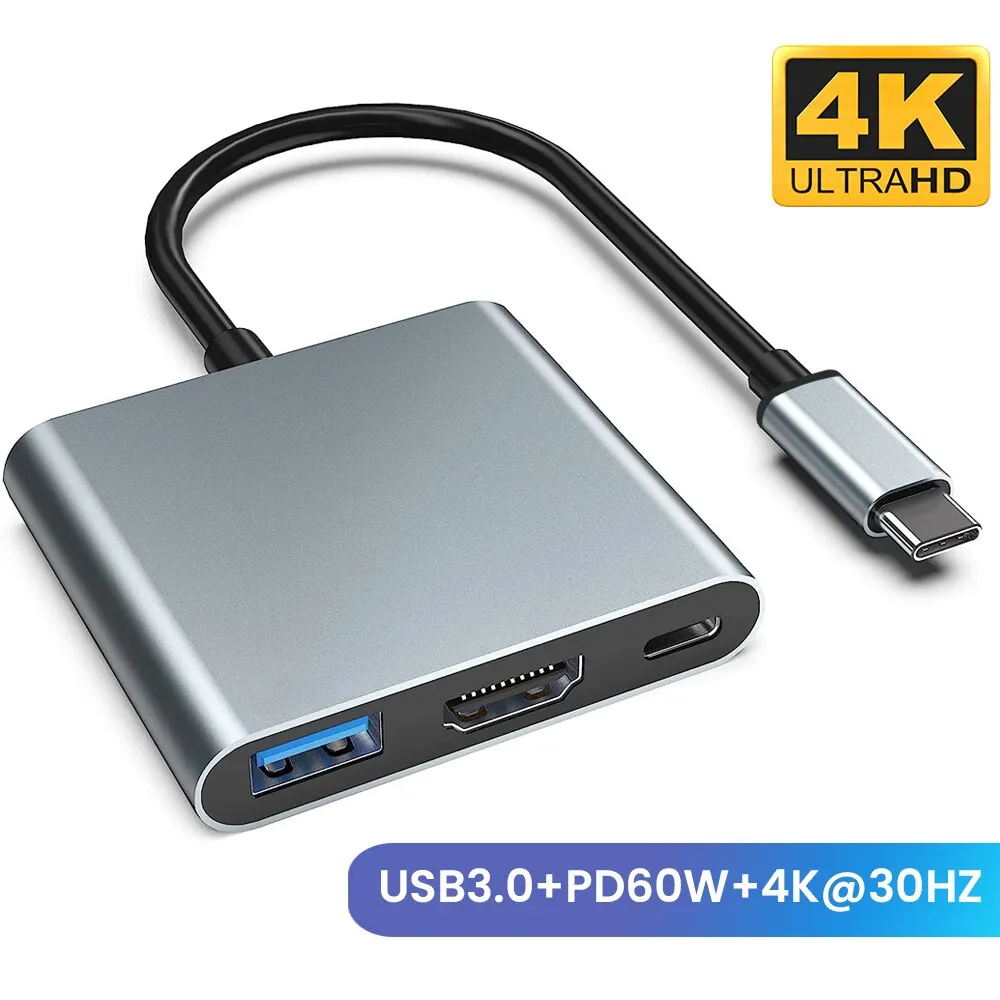 Airies 3-en-1 USB Type-C pour MacPleAir/Pro DnomePle, adaptateur 4K HDMI carré, 60W
