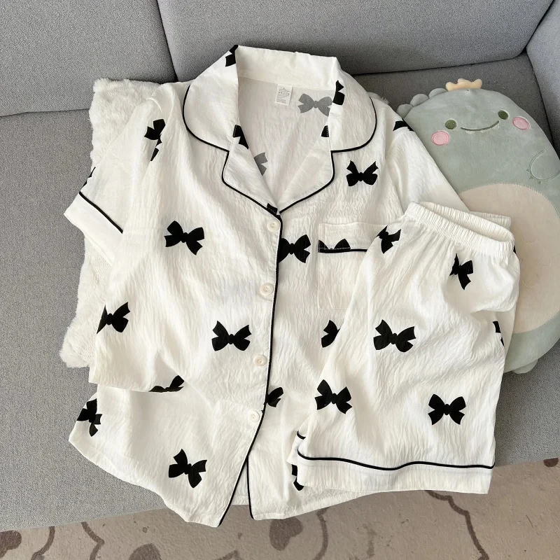 Women Summer Lapel Open Front Pajama Set Short Sleeve Top Shorts, Sweet Ins Teen Loungewear, Casual Daily Outdoor Home Wear Suit