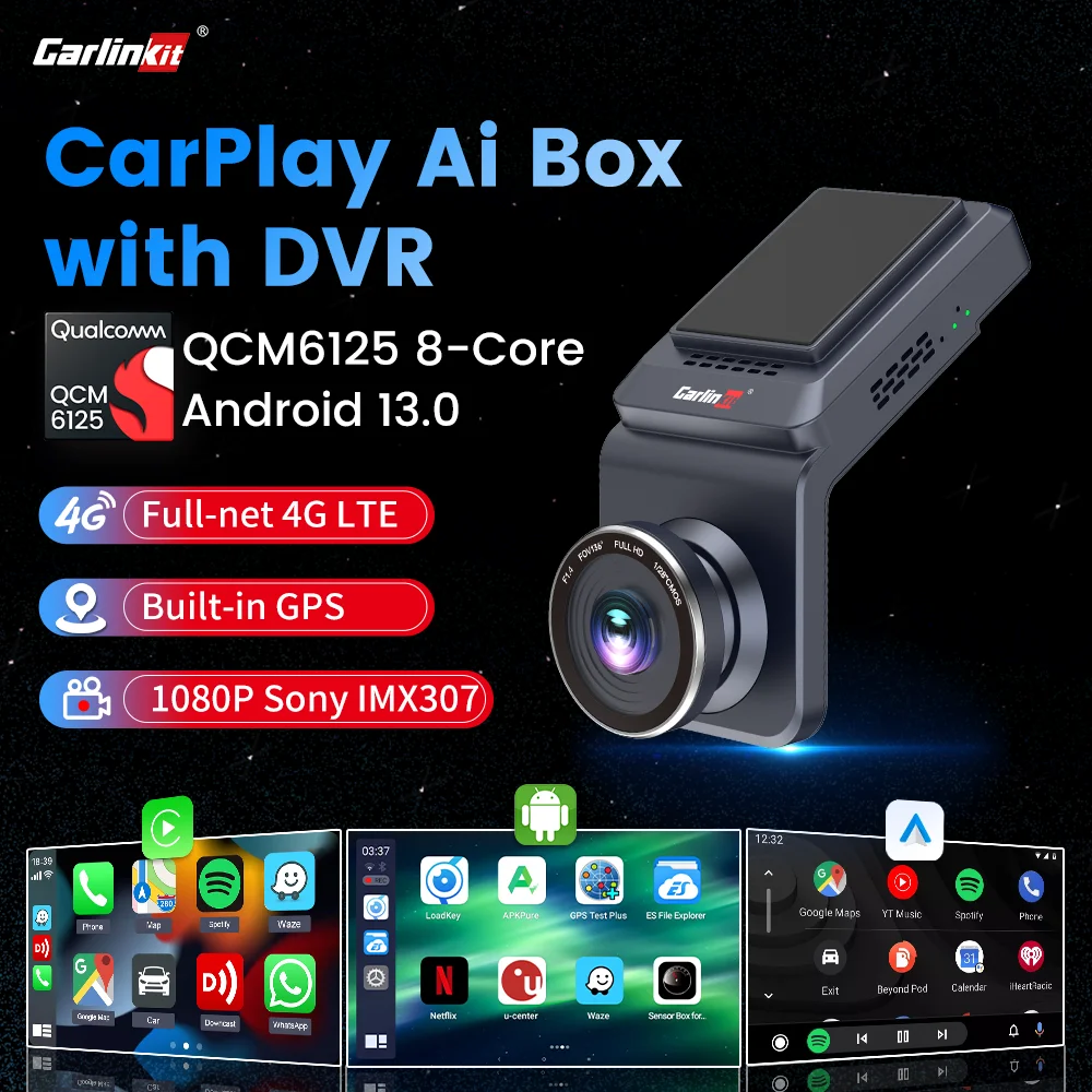 CarlinKit 무선 CarPlay Ai Box 안드로이드 13 QCM6125 8 코어 안드로이드 TV 박스 4G LTE 비디오 앱 설치 내장 1080P Dashcam GPS