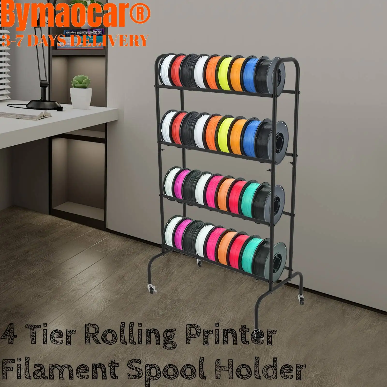 

4 Tier Rolling Filament Spool Organize Rack Printer Storage Holder with Wheels for 3D printing studios, offices, workshops area