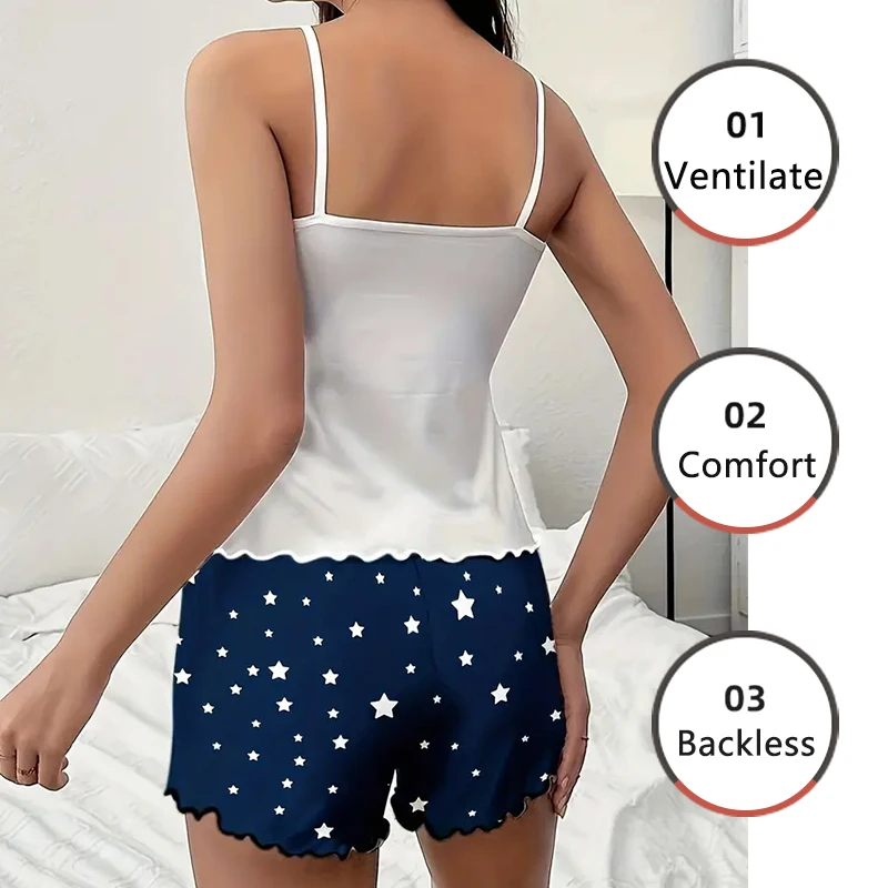 2 PCS Women Pajama Sleepwear Pajama Set Short-Sleeved Shorts Suit S M L Blue Moon Star Print Ventilate Soft Comfort Home Leisure