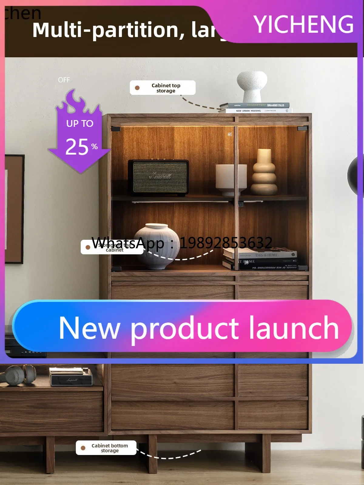 

LYY Solid Wood Side Cabinet Black Walnut Glass Cabinet with Drawer Living Room Display Integrated Wall Standing Cabinet