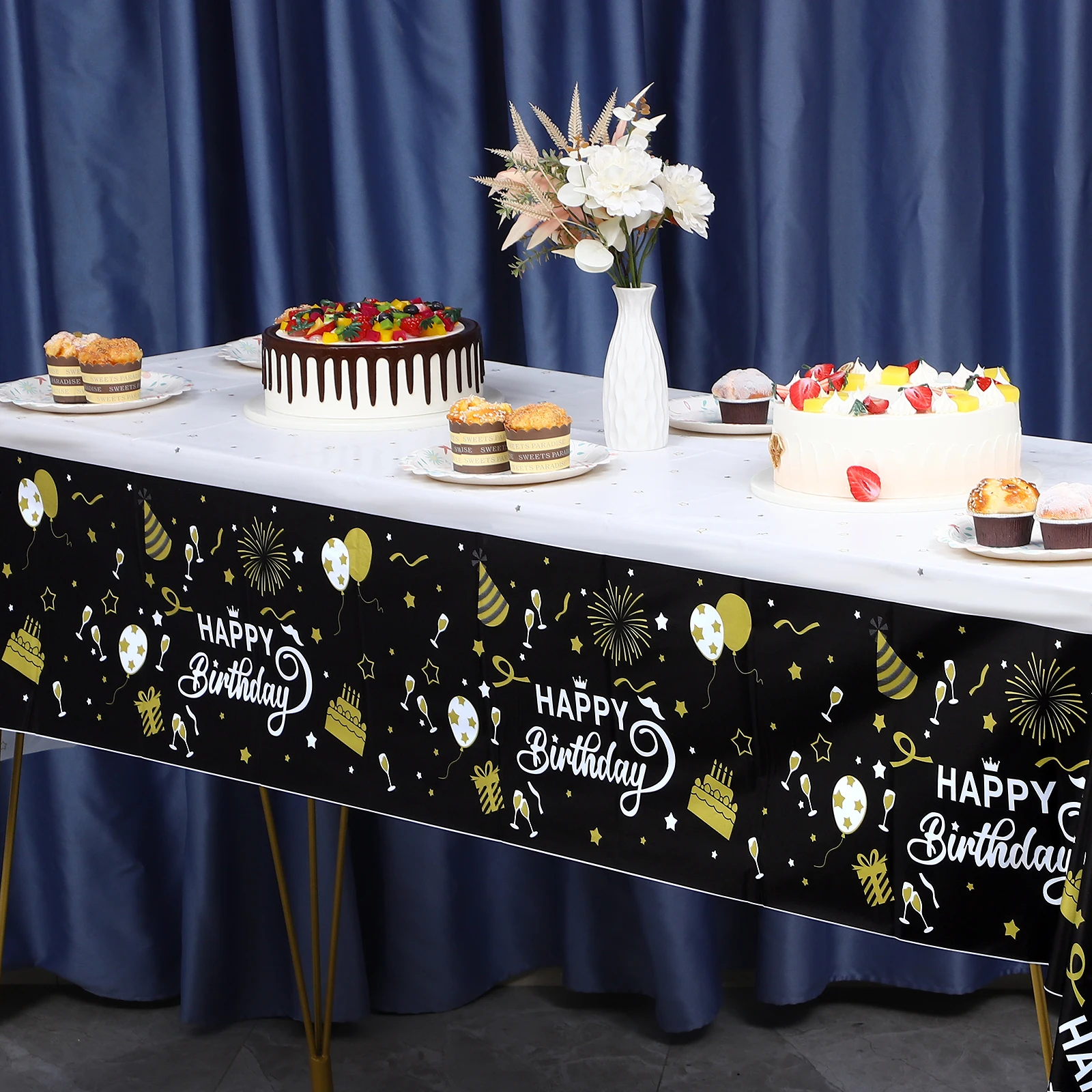 

4 pcs Birthday Tablecloths Rectangular Printed Party Table Cover Decorative Letter Balloons Cake Design Thick
