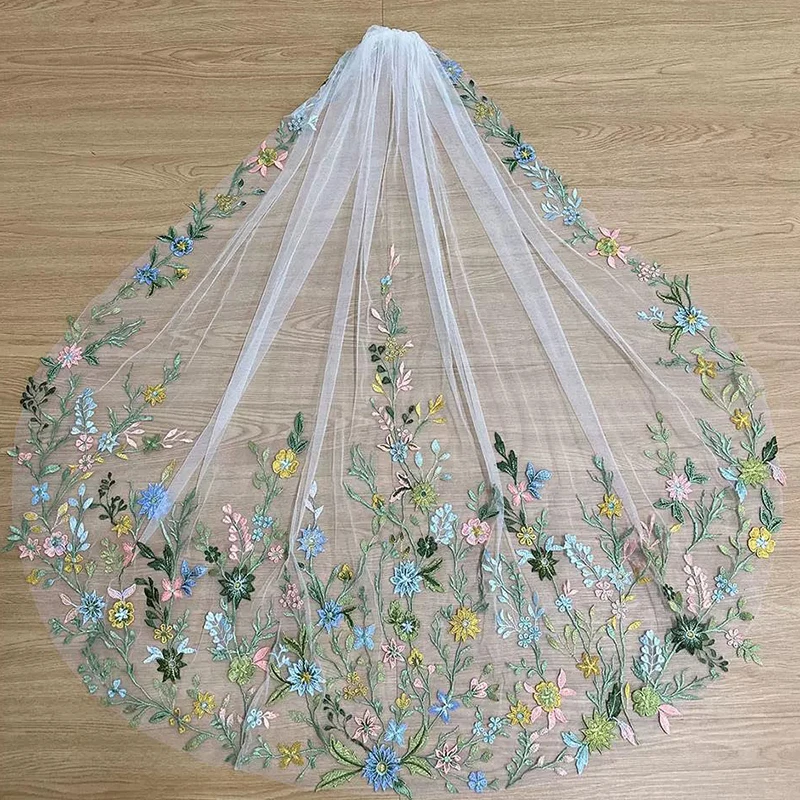 Elegant Bridal Veil With Delicate Hand-Stitched Floral Design And Multicolored Flowers Romantic Sheer Veil Long Train