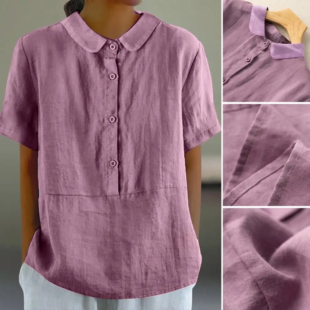 Women Casual Shirt Doll Collar Buttons Half Placket Short Sleeve Shirt Top Single Breasted Solid Color Loose Fit Blouse 블라우스