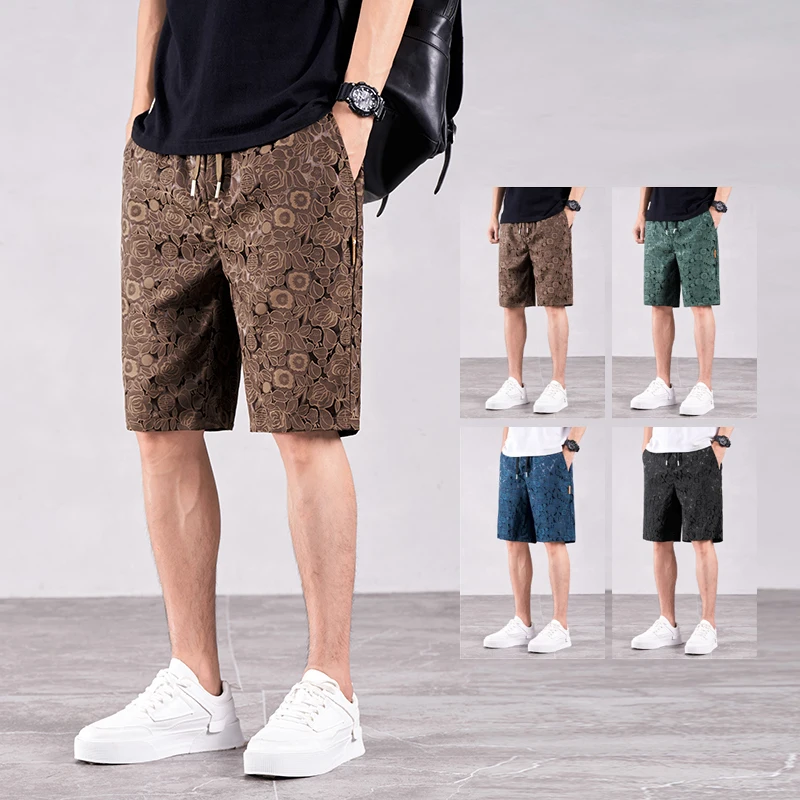 

Men's Floral Jacquard Ice Silk Knee-Length Shorts Summer Thin Casual Loose Straight Breathable Drawstring Shorts for Daily Wear