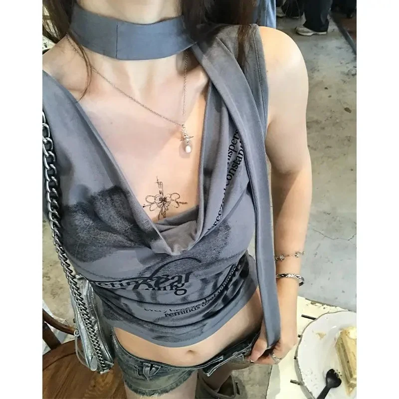 Y2K American Printed Vest Women Korean Fashion Sexy Sleeveless Crop Top Summer Harajuku Streetwear All Match Ladies Simple Tanks