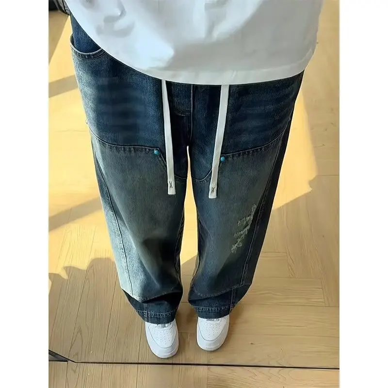 

Весенние новые модные брендовые стиральные ретро молодые киски с несколькими карманами, прямые брюки Scimitar, модные классические мужские брюки, мужская одежда Y2k