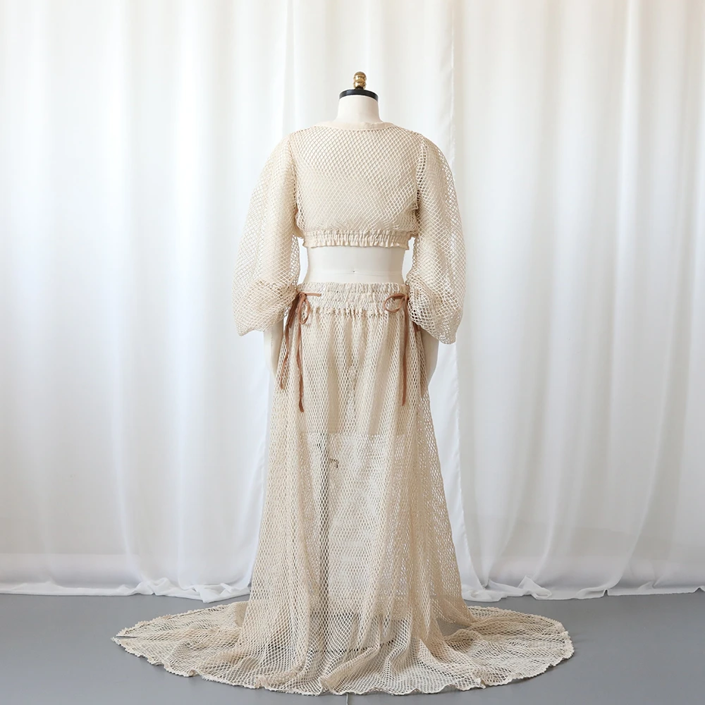 بوهو الأمومة التصوير فستان قطعتين الكروشيه متماسكة ماكسي الحمل ثوب فلوي شاطئ استحمام الطفل الزي الأمومة تبادل لاطلاق النار ارتداء