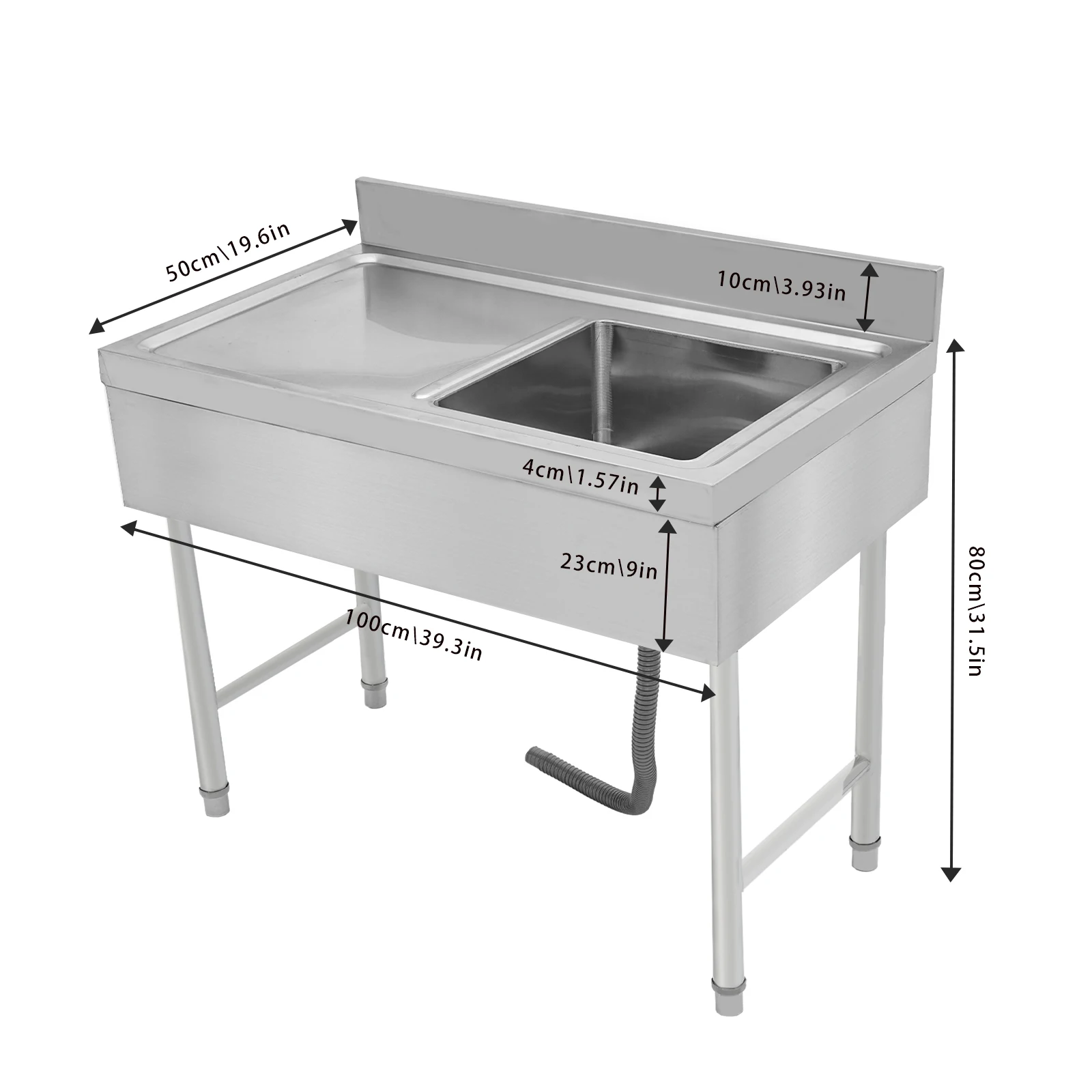 Freestanding Stainless Steel Rectangular Kitchen Sink Silver 100x50x80cm for Commercial Restaurant