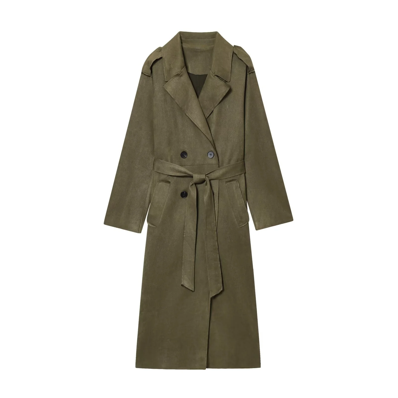 

2025 New Women's Casual Fashionable Simple Lapel Double-Breasted Long Trench Coat with Belt and Suede