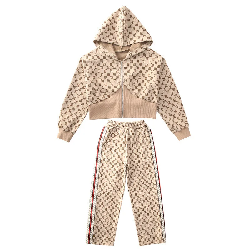 Girls\' Clothes Sets Causal Fashionable Hooded Coat Loose Pants Striped Two Pieces Patchwork Elastic Waist Spring 5-14 Years Old