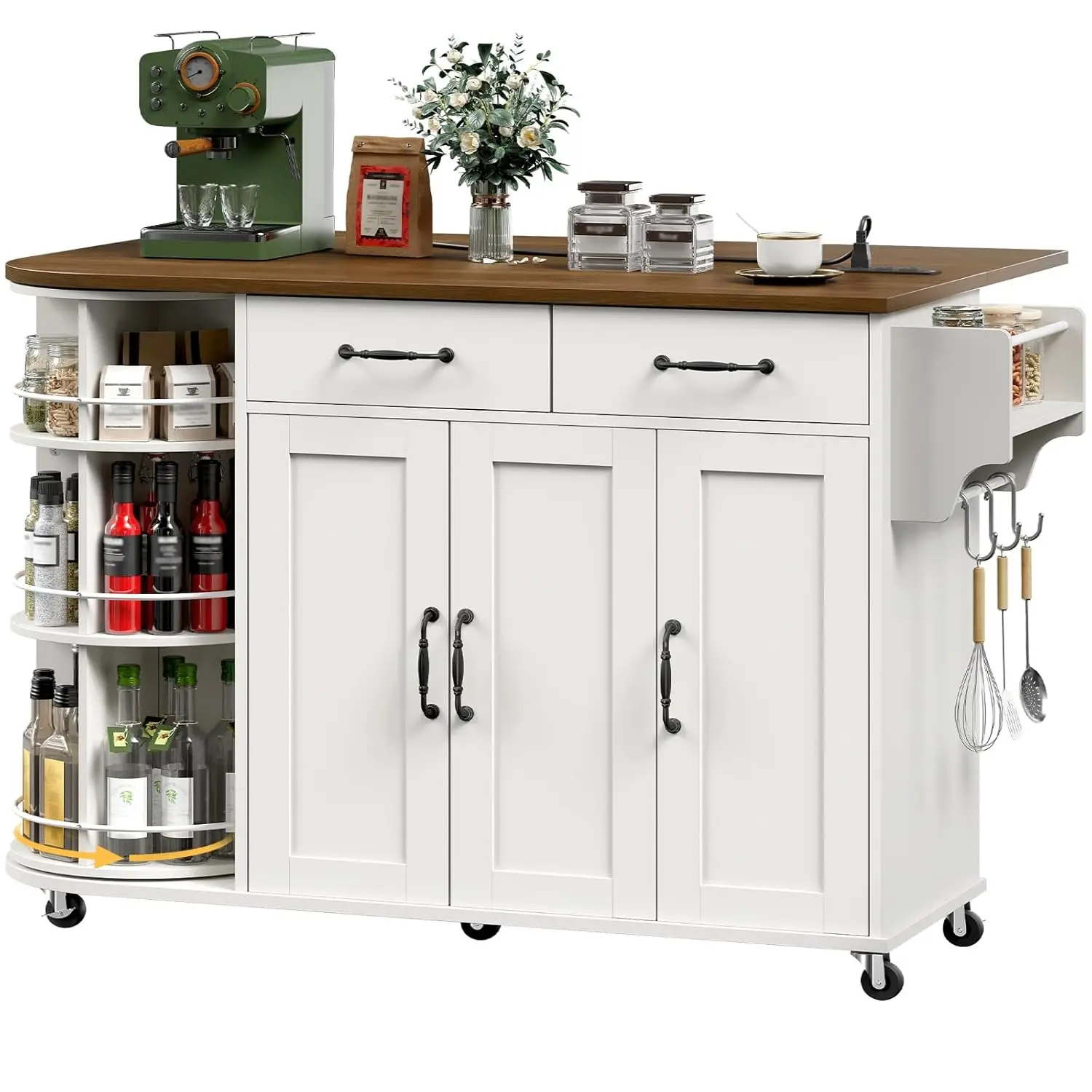 Kitchen Island Power Outlet Drop Leaf Rolling Rotating Organizer Storage Cabinet Mobile Table White Walnut, Customized