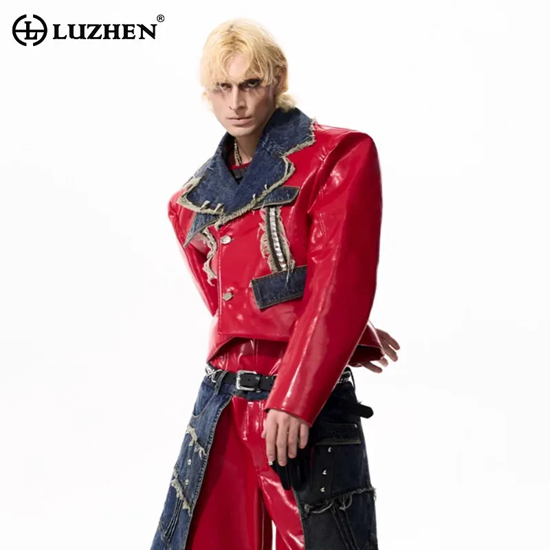 

LUZHEN оригинальная уличная персонализированная джинсовая лоскутная дизайнерская кожаная куртка из искусственной кожи, мужская мода, новинка 2025 года, пальто для выступлений JY4417