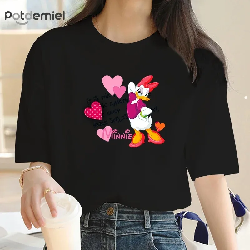 Happy Mickey Minnie Mouse Cartoon Printed T-shirt Street Wear Short Sleeve Birthday Gift Summer Style Crew Collar T-shirt Top