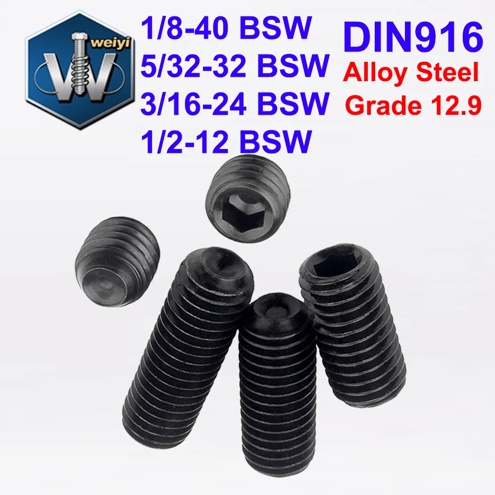 

Weiyi DIN916 1/8'' 5/32'' 3/16'' 1/2'' BSW Grade 12.9 Alloy Steel Hex Socket Set Screws with Cup Point Headless Allen Bolts