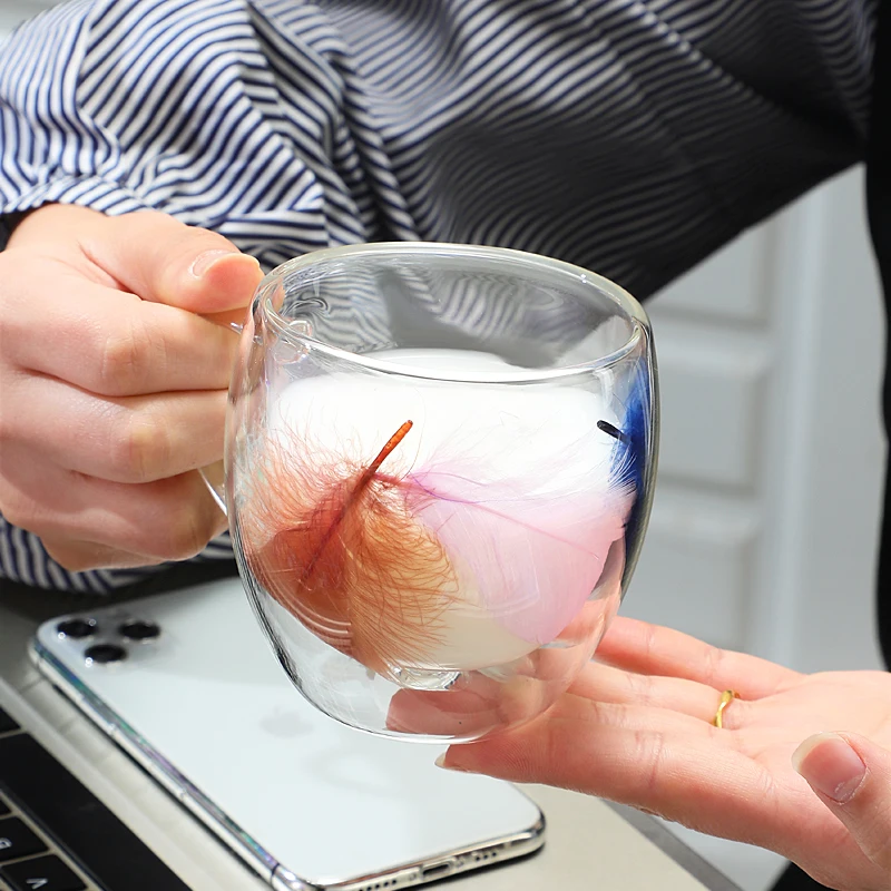 Transparent Feather Double-layer Glass Cup Creative Household Coffee Cup With Handle Heat-resistant And Cold-resistant Glass Cup image 3