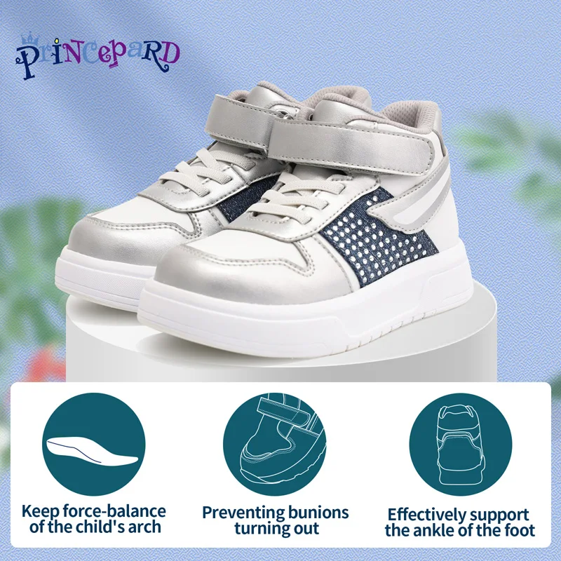 Boys Girl\'s Sneakers Princepard Kids Orthopedic Shoes Autumn Silvery High and Hard Back Corrective Casual Shoes Arch Support