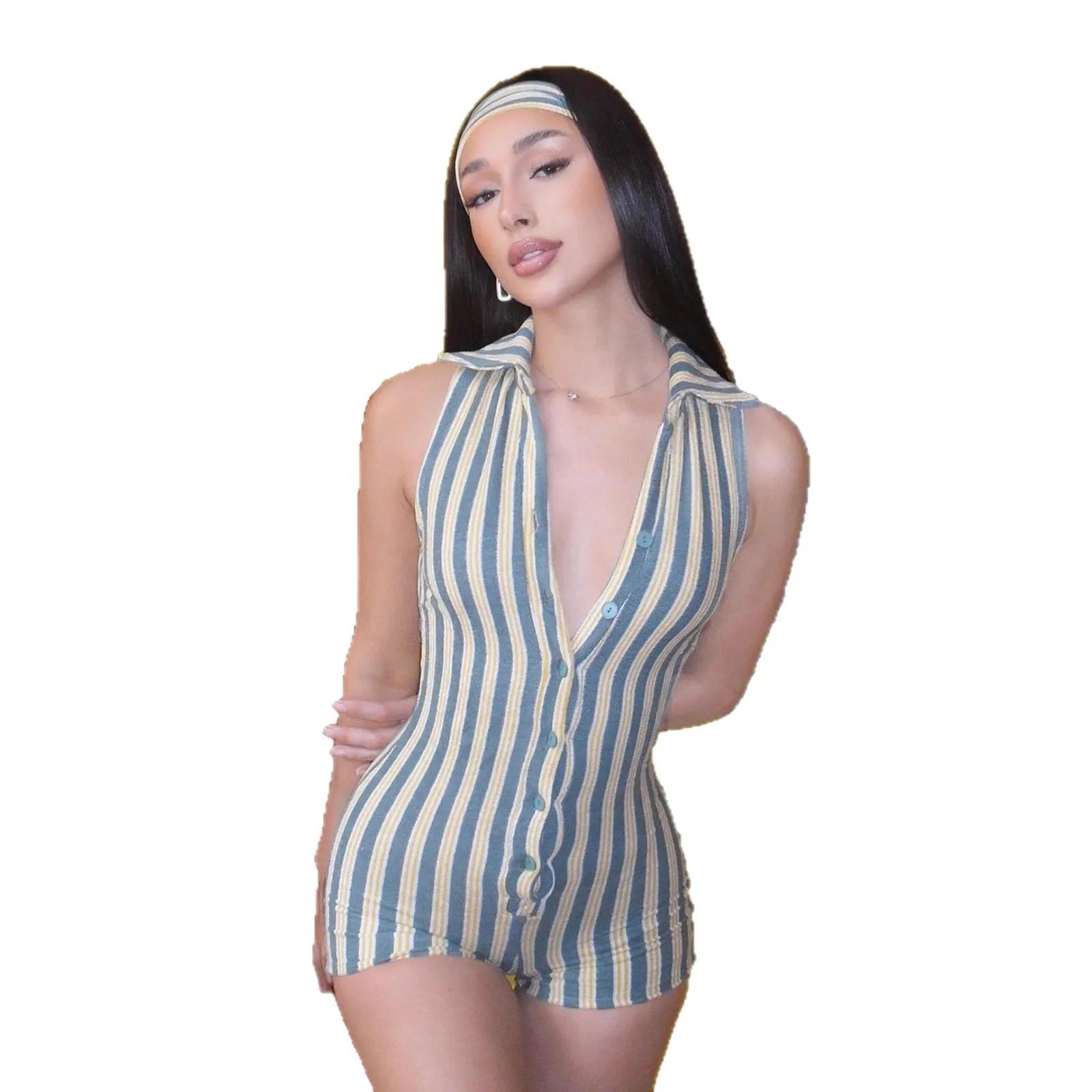 Street Sle Casual  Ne Deep V Striped Svel Color Blo Hot Girl Tight Fit Wrap around orts  Suit