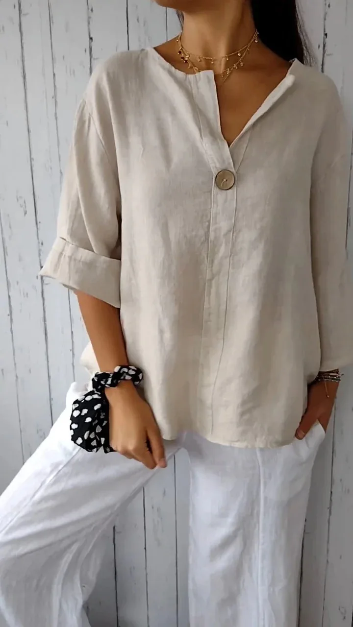 Summer loose T-shirt ladies V-neck cotton and linen button top