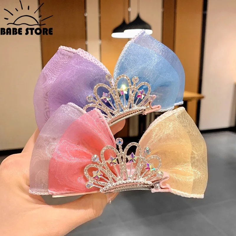 Pastel Rainbow Hair Bows Gradient Color Princess Crown Hair Clips Standing Bowknot Hairpin Kids Barrette Korean Hair Accessories