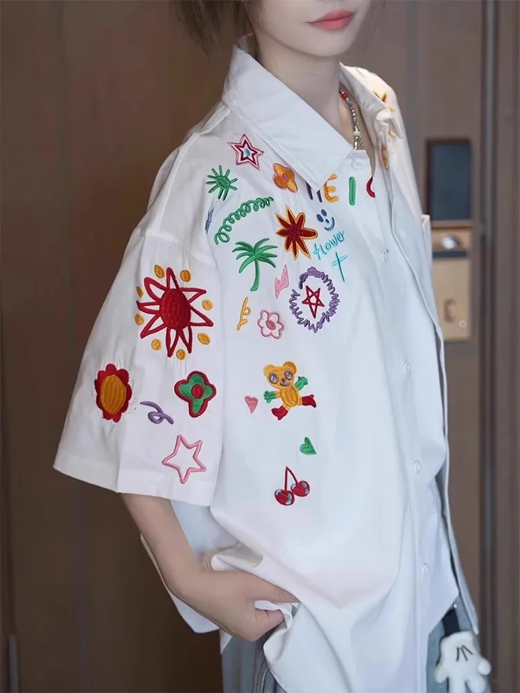 

White Cartoon Embroidery fiti ort Sve irt Thin Qui Dry Summer Men Women Couples Match Sun Protection Outerwear