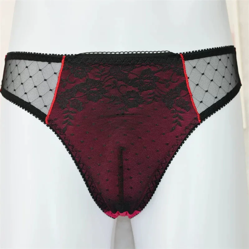 Japanese Style Men's Lace Sheer Thong Briefs Smooth Soft Satin Convex Pouch Underwear Comfortable Sissy G-string T-back Lingerie
