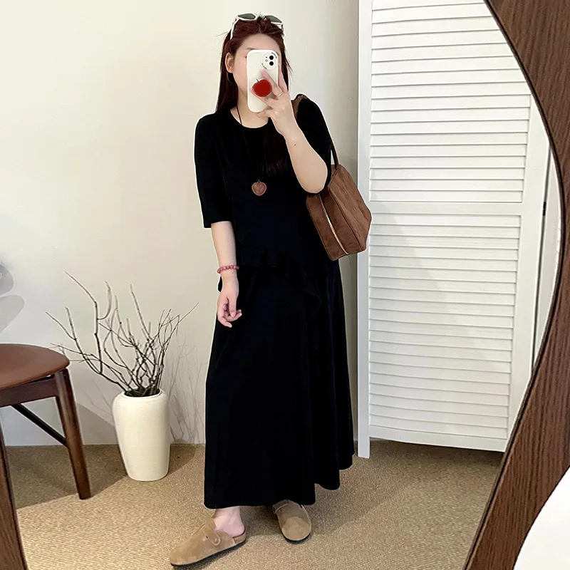 

plus Size Women's Knitted Skirt Set Asymmetrical Design Autumn Collection Two-Piece Ensemble Long Sve Pure Color Winter Ready