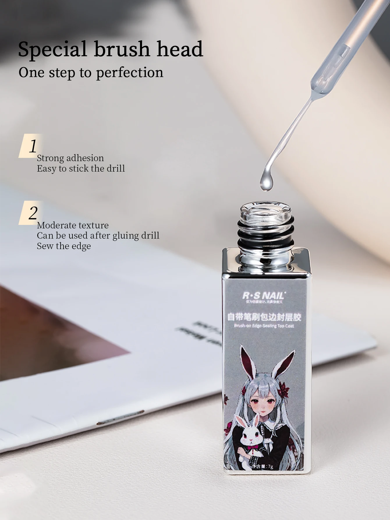 RS ギャップフィリングトップコートジェル、精密ライナーネイルアートブラシ内蔵、ネイルラインストーン接着剤（クロムネイルパウダーラインストーン用）