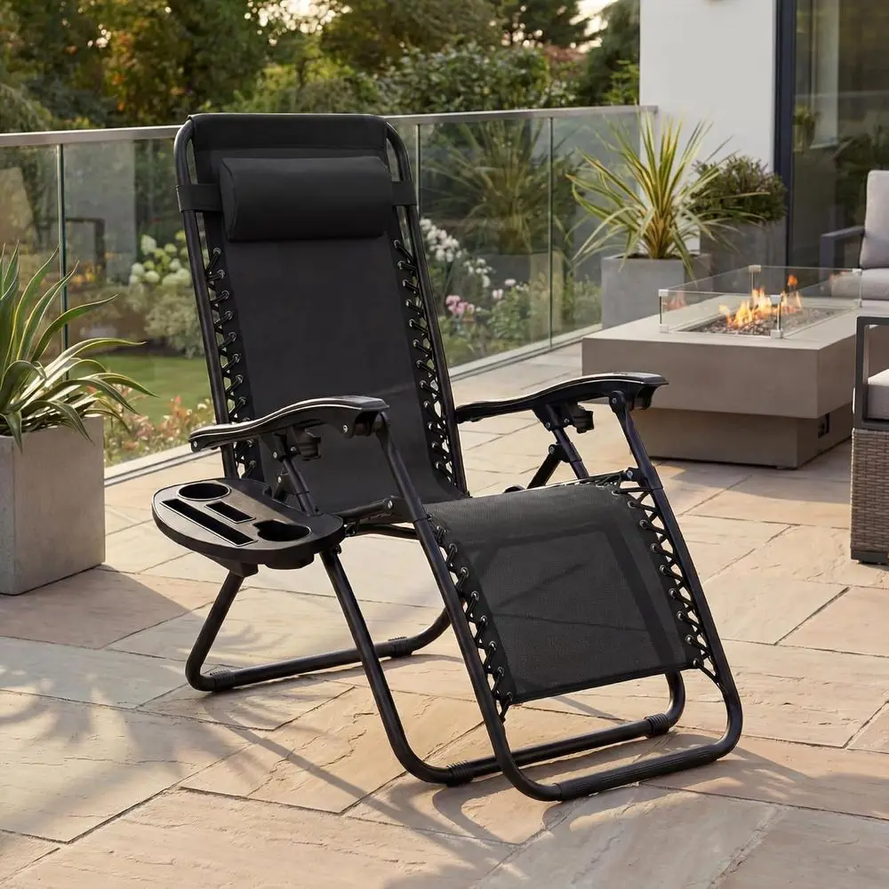 Set o 2 Adjustable Steel Mesh Zero Gravity Lounge Chair Recliners w/Pillows and Cup Holder Trays - Black