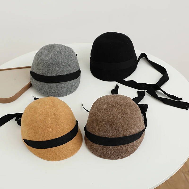 Kids Wool Equestrian Top Hat Winter Warm Children Fisherman Cap 2-6year Girl Boy Sunshade Visors Solid Color Fashion Baby Fedora