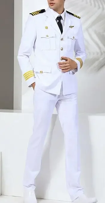 Traje de oficial de uniforme blanco de la Marina de EE. UU., capitán de marinero de primavera para hombres, incluye chaqueta de pantalones