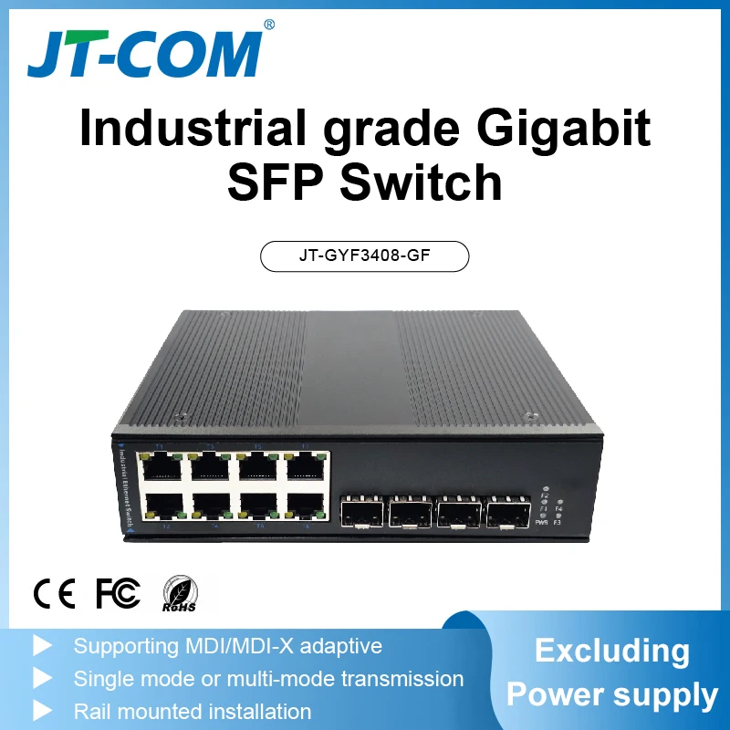 JT-COM Gigabit SFP kelas industri saklar 4G8E plug dan play Ethernet switch dengan 4*1000Mbps port SFP + 8*1000Mbps RJ45 port