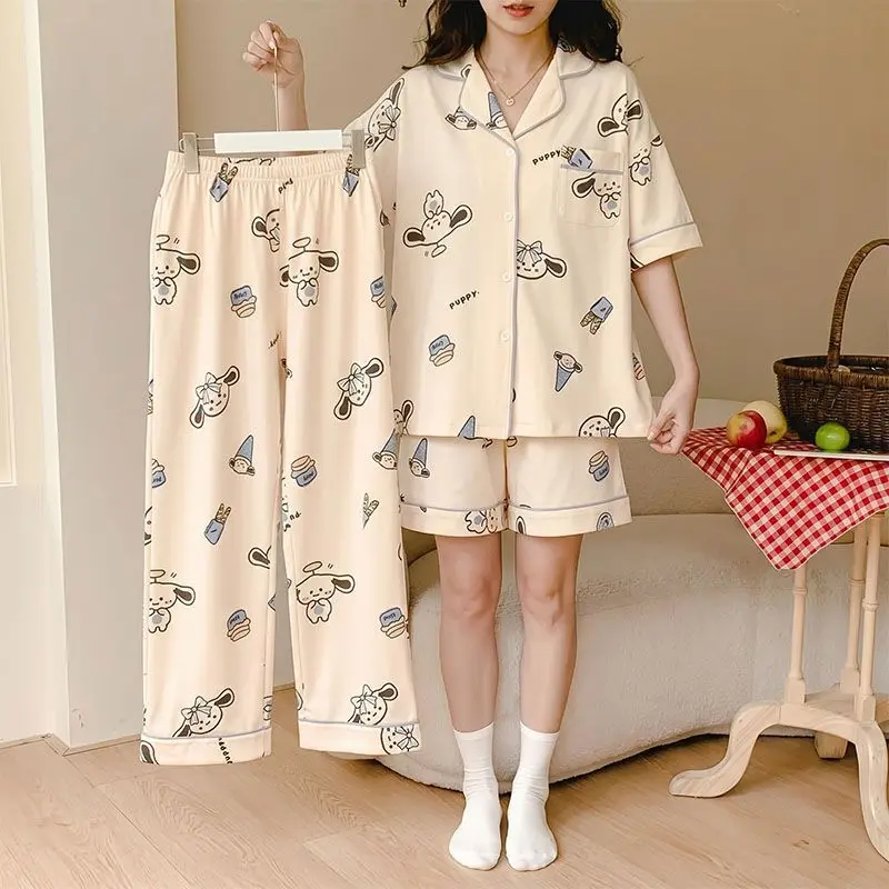 Sanrio Pajamas 3 Piece Cinnamoroll Pyjama Cartoon Nightwear Pant Shorts Short Sleeve Sleepwear Spring Pijama Women Home Clothes