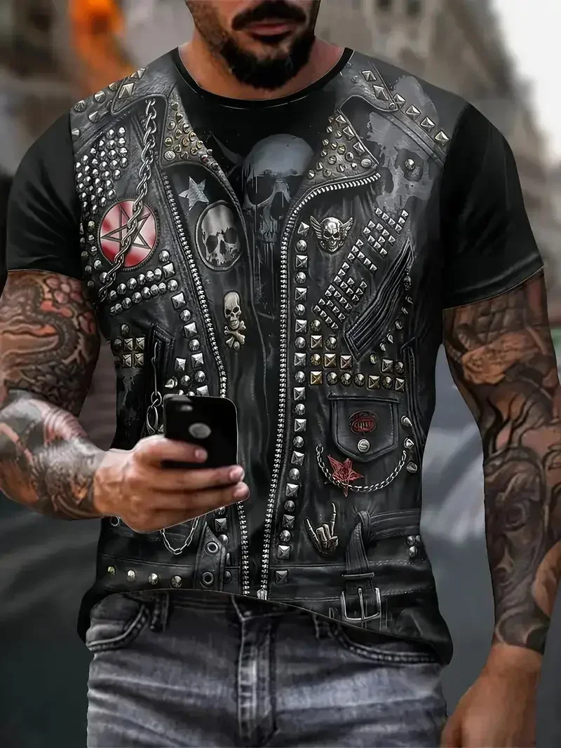 

2025 New Motorcycle Jackets Graphic T-shirt Men's Vintage 3D Print Short Sleeve Crew Neck Tee Top Oversized Street Trend T Shirt