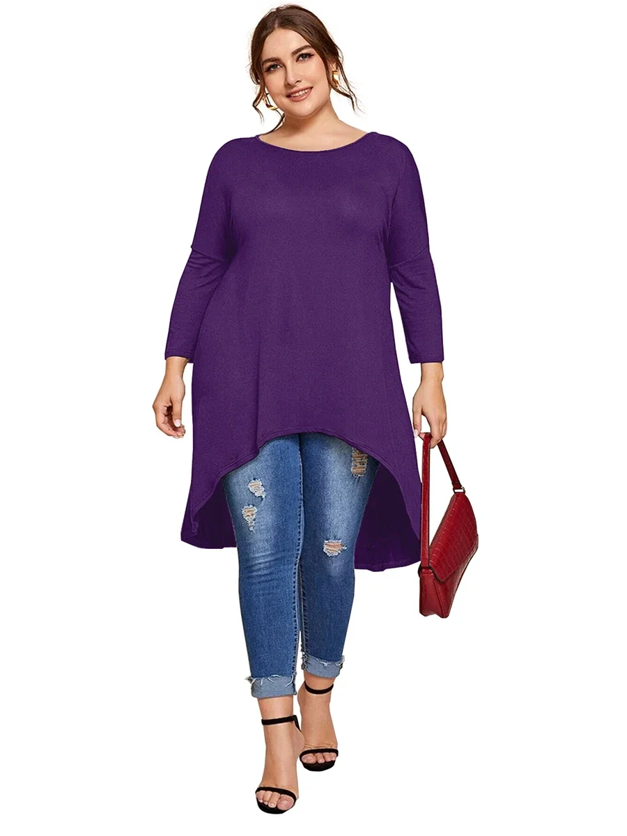 Plus Size Lange Mouw Lente Herfst Casual Hi Lage Tuniek Tops Lange Losse Pasvorm Flare Basic Swing Blouse T-Shirt Grote Maat Tops 8xl