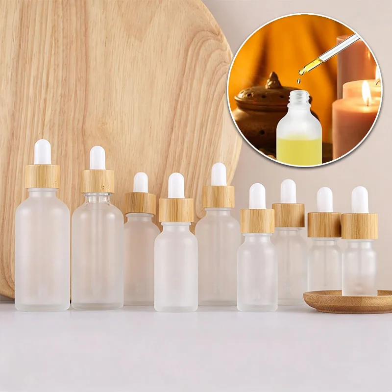20PCS 5-100ML Empty Frosted Glass Dropper Bottles With Wood Bamboo Lid Essential Oil Cosmetic Containers Refillable Dispenser