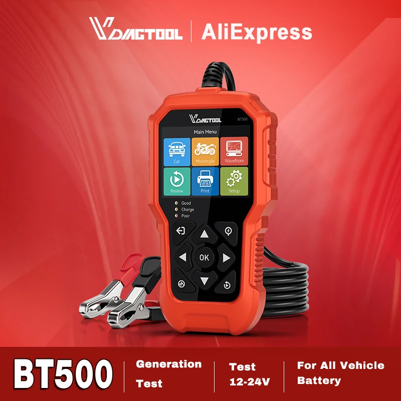 VDIAGTOOL BT500 6-32V Battery Tester Car Battery Analyzer 100-2000CCA Auto Charging Cranking Scanner Tools Battery Test Tool