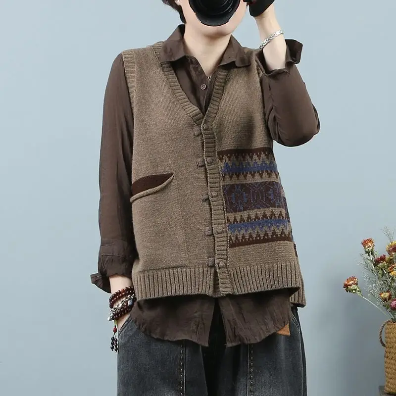 Sweater Vest Women Patchwork Folk Style Simple Retro Fashion Loose All-match Elegant Ins Cozy Pockets Casual Ulzzang New Daily