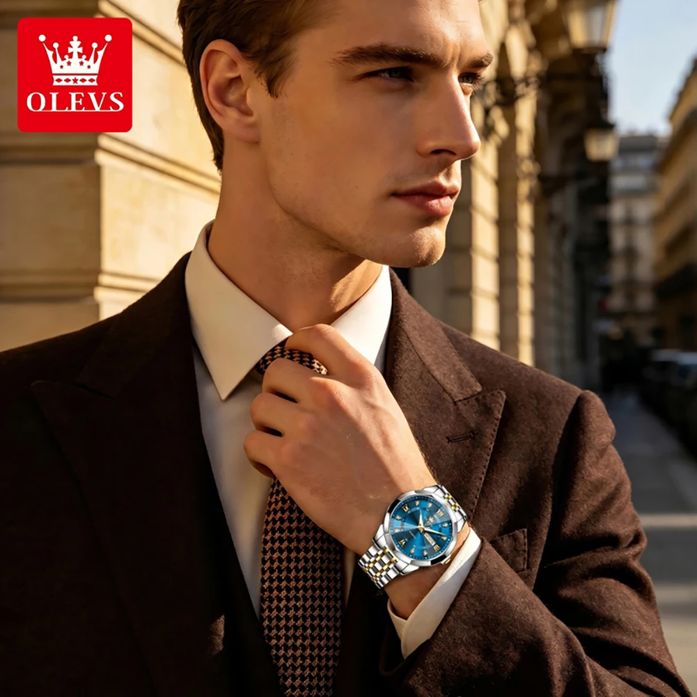OLEVS 3759 Simple Quartz Movement Watch For Men Luminous Function 30m Waterproof Calendar Window Stainless Steel Strap Watch