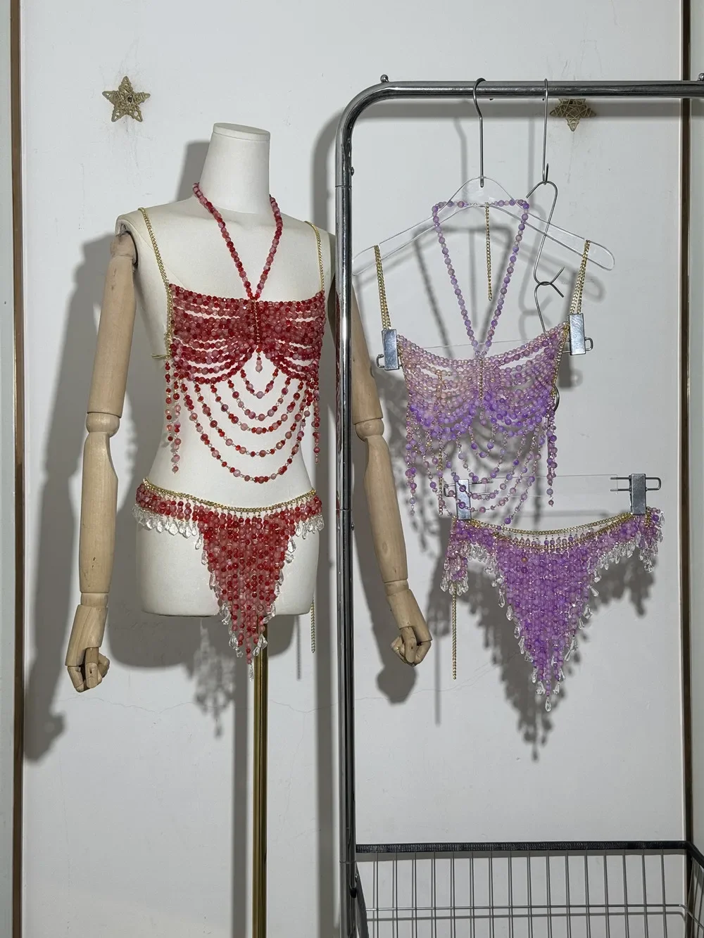 

Handmade Festival Clubbing Outfit Sexy Halter Neck Purple Red Crystal Y2K Beaded Body Chain Mermaid Bra Top & Skirt 2PCS Set