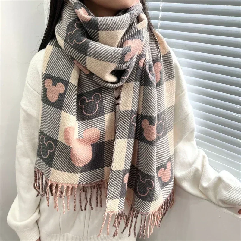 Fashion Mickey Love Checkerboard Girls Scarf with Tassel Autumn Winter Warm Casual Cashmere Soft Neck Scarves Birthday Gifts