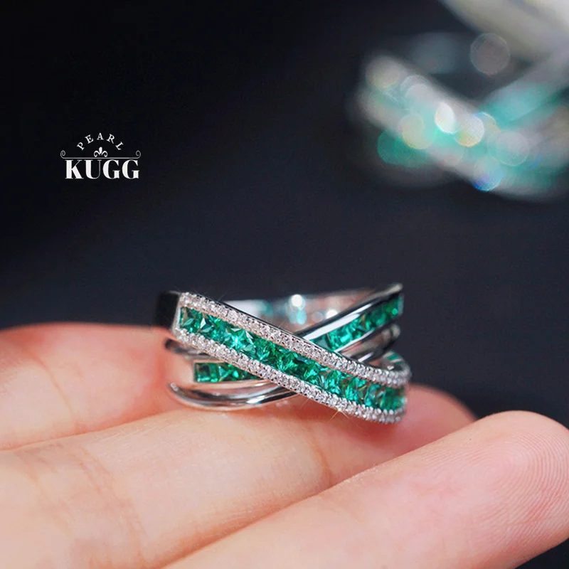 KUGG 18K White Gold Rings Fashion Cross Design Real Natural Diamond Natural Emerald Ring for Women Senior Banquet High Jewelry