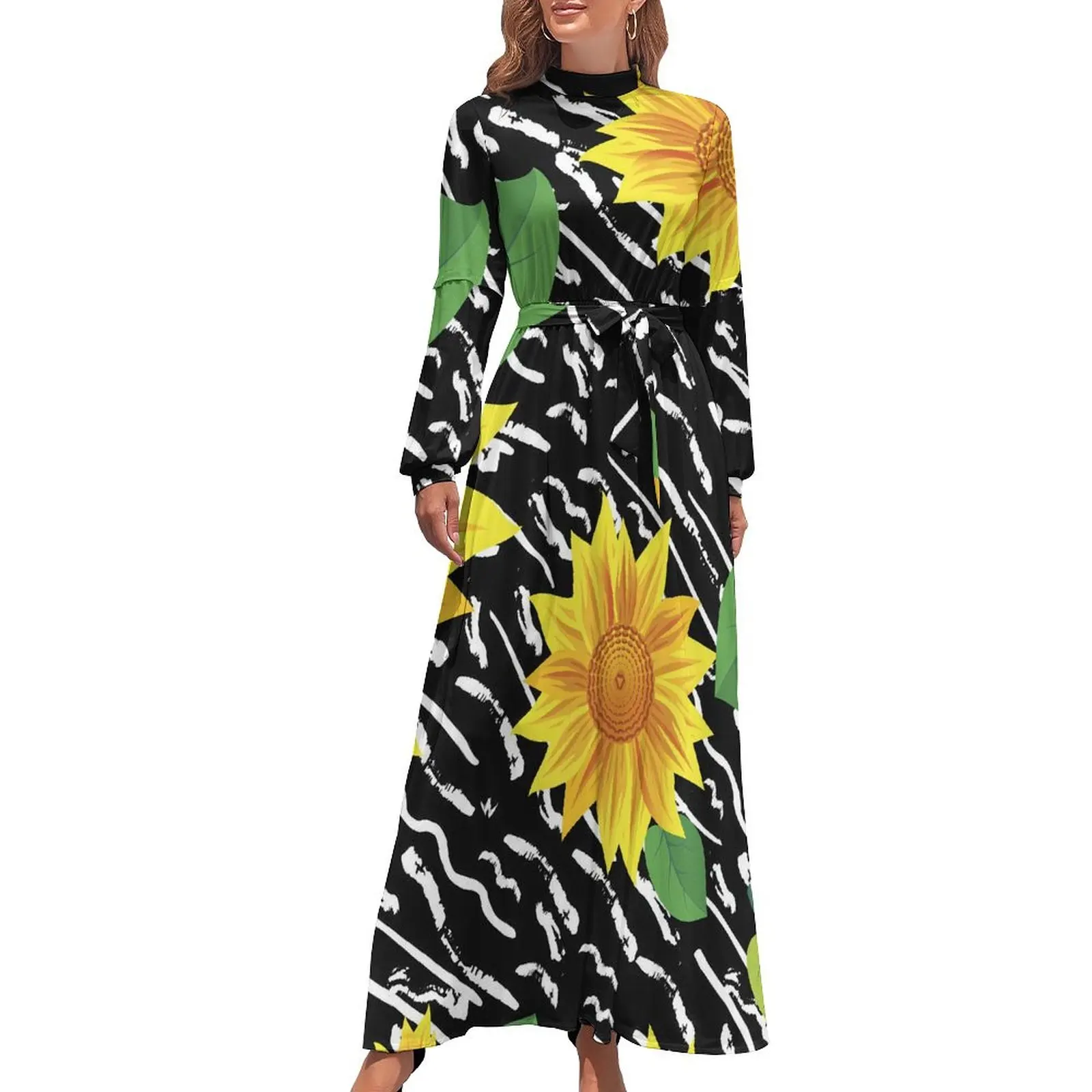 

Yellow Sunflower Dress High Neck Black Stripes Design Bohemia Dresses Long Sleeve Street Wear Long Maxi Dress Party Vestidos