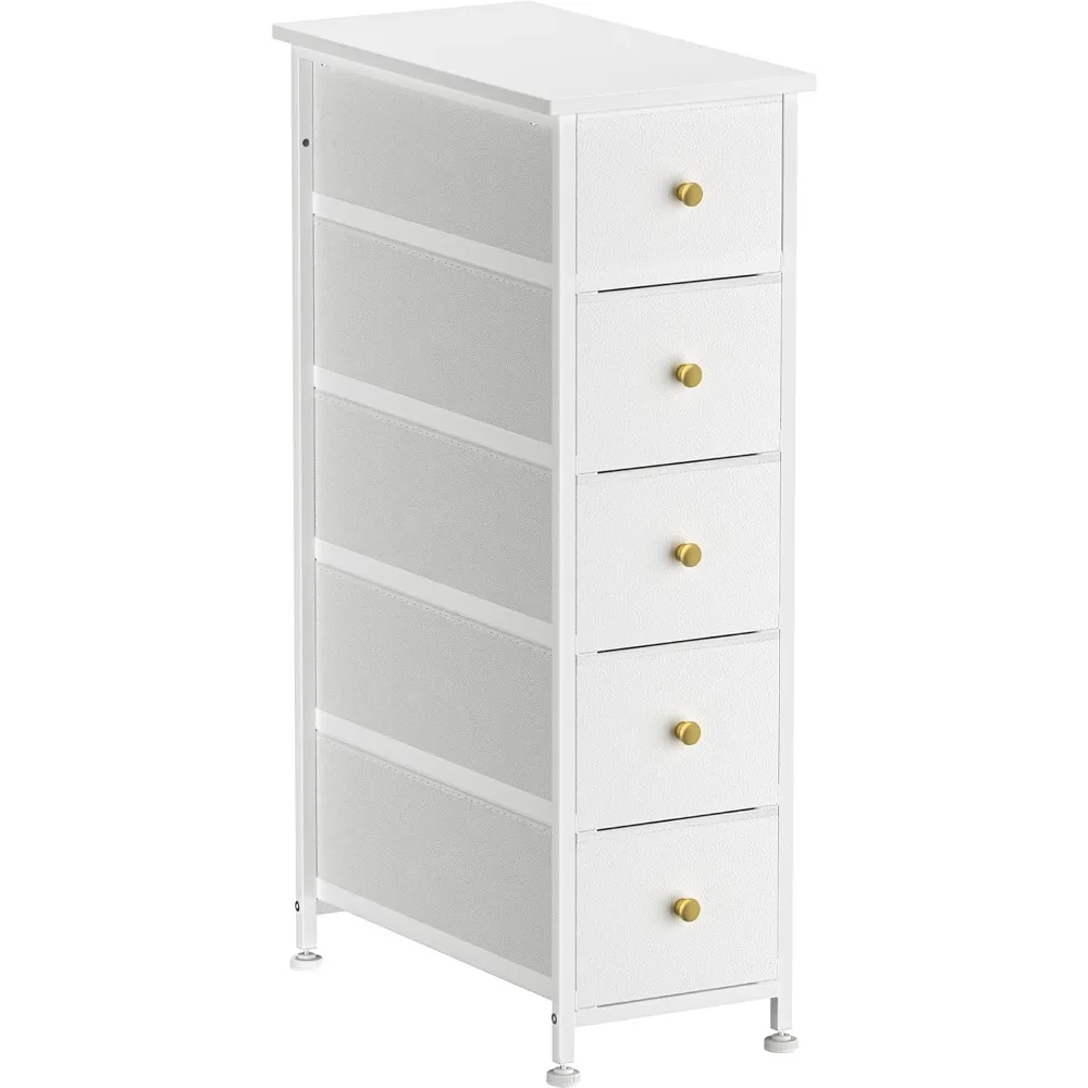 Narrow Dresser Storage Tower with 5 Drawers, Slim Dresser Chest of Drawers with Steel Frame, Wood Top, Golden Knobs, for Bedroom