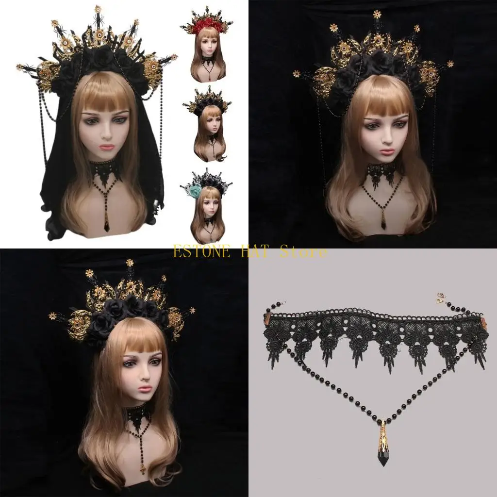 

49MF DIY Headband Dark Crown Headband Bridal Tiaras Flower Princess Headpiece