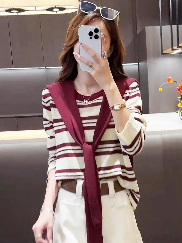 

Ранняя осень, полосатый свободный женский вязаный свитер Lazy Sle, искусственный двухсекционный весенне-осенний Новое поступление, повседневный топ