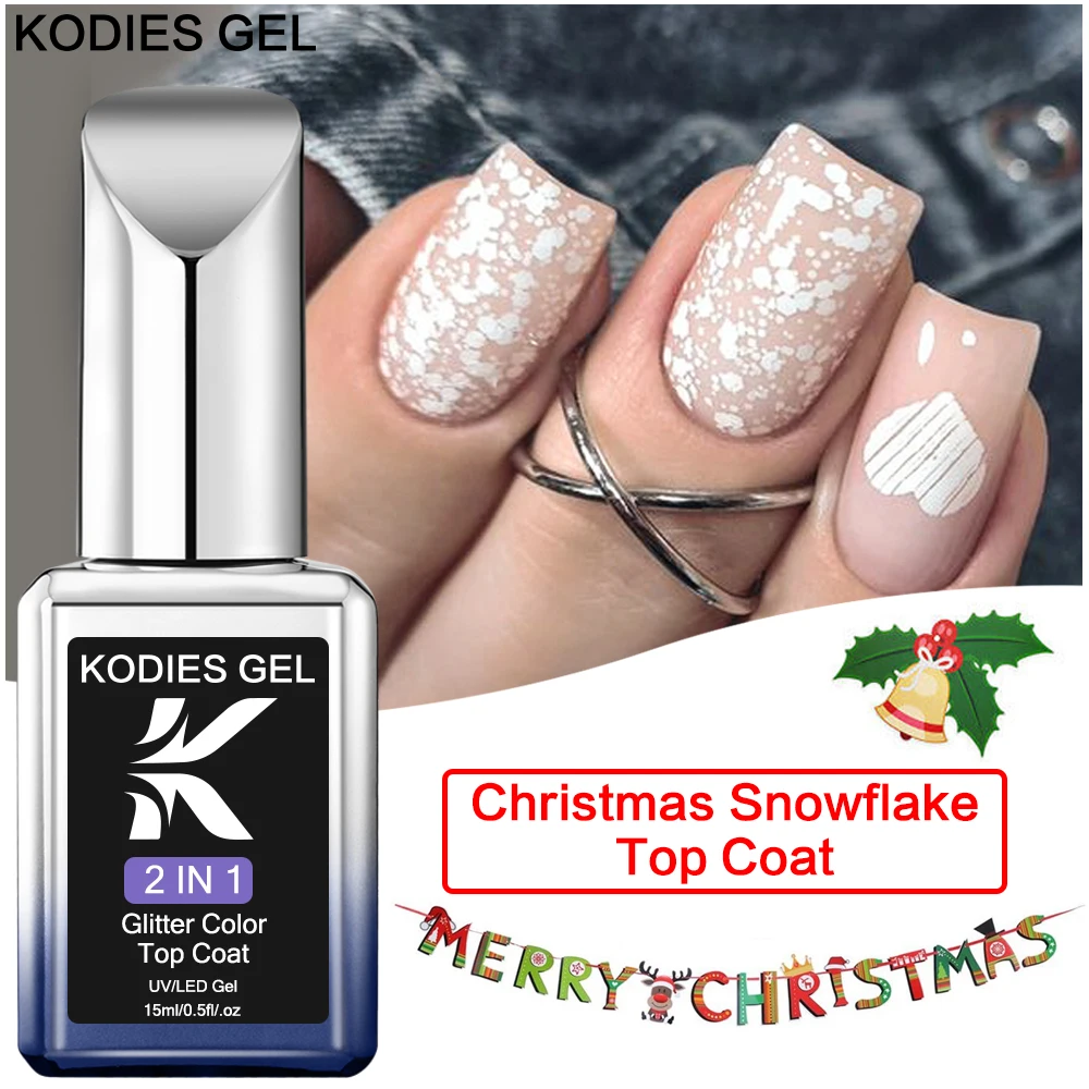 Kodies Gel Winter Gel Nagellak Witte Sneeuwvlok Glitter Top Coat Uv Gel Lak Geen Veeg 15Ml Semi Permanente Kerst Gellak